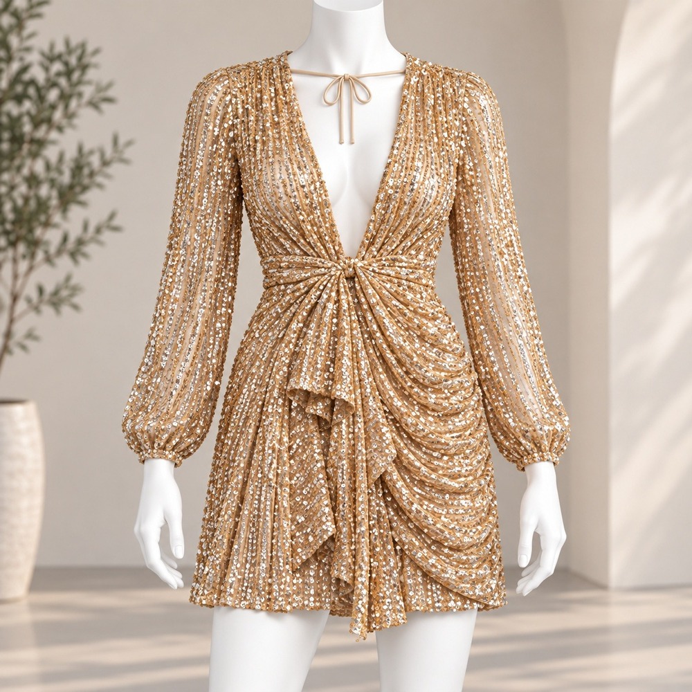 Luxxel Sequin Mini Dress Womens Medium Gold Silver Plunging V-Neck Open Back